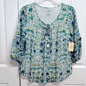 St Johns Bay Turquoise Cove Tapes Print Tassel Neck Sheer Top Size L NWT